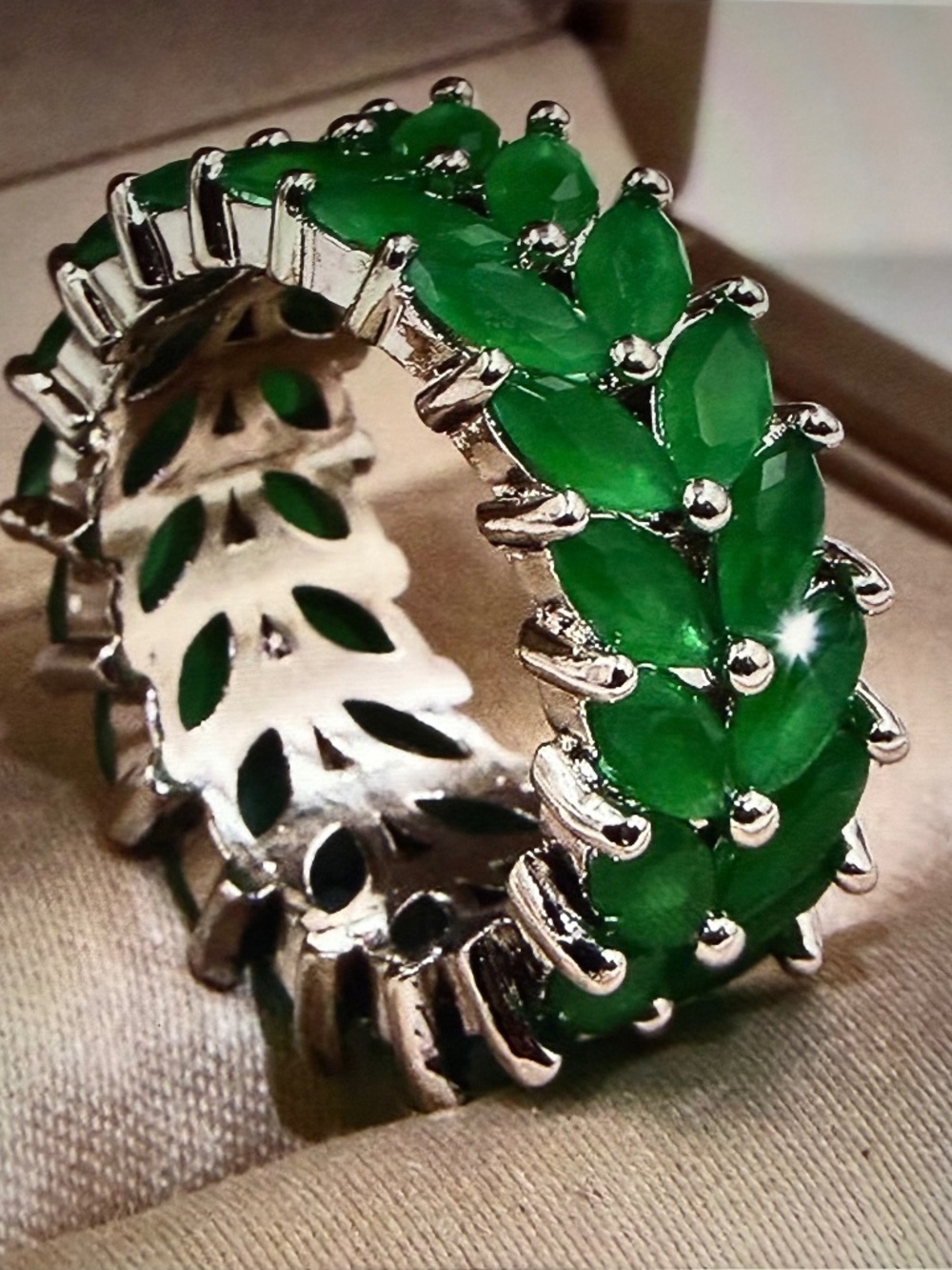 Marquise Jade Emerald Eternity Ring: 14kt White Gold/Silver